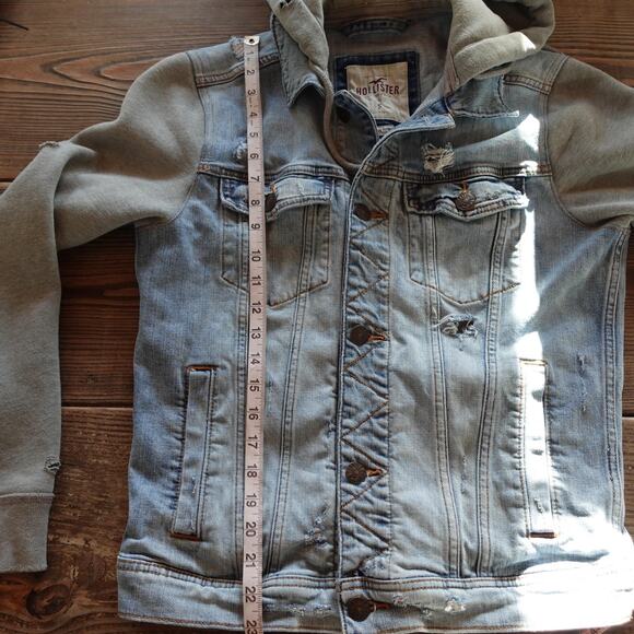 Vintage Hollister Denim Jacket Small Hooded Trucker Sweatshirt Distressed Y2K - Picture 6 of 10